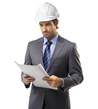 Man in suit reviews building plans png
