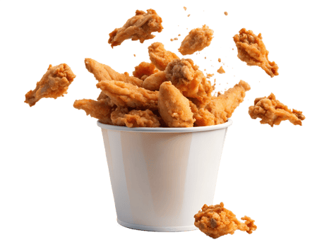 Crispy fried chicken pieces flying from a bucket png