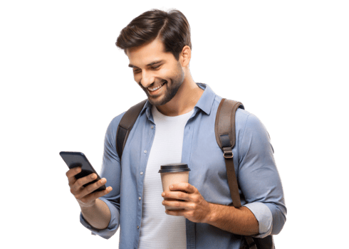 Young man enjoying coffee while using smartphone png