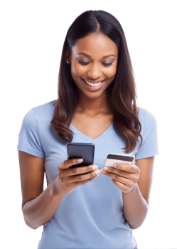 Woman paying online with phone and card png