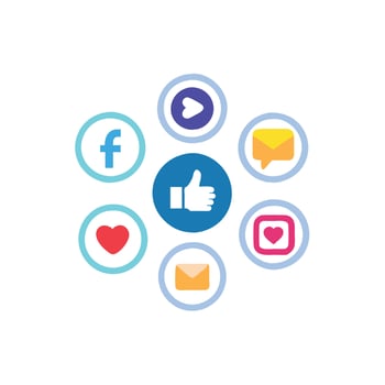A circle with social icons and a thumbs up vector