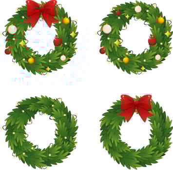 Set Christmas wreath on the door. Round Christmas wreath with garland, bow and toys. Christmas decor on the door vector