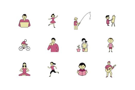 Collection of Outline Art Illustrations Man and Woman in Various Activities on White Background vector