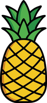 Pineapple Icon with Green Leaves on Black Background, Simple, colorful illustration of a pineapple with green leaves and a textured yellow body, set against a black background, vector