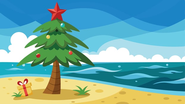 A colorful Christmas tree adorned with ornaments stands on a sandy beach next to calm ocean waves under a bright blue sky during the holiday season vector