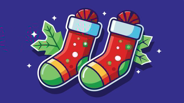 Colorful Christmas stockings adorned with festive decorations, featuring green accents and playful patterns, set against a vibrant purple background during the holiday season vector