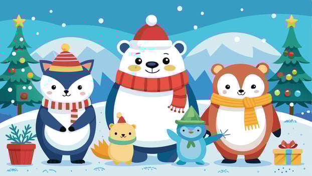 Festive cartoon animals celebrating in winter wonderland with Christmas trees and snow-covered mountains in the background during the holiday season vector