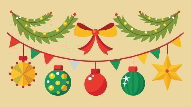 Colorful holiday decorations featuring garlands, ornaments, and a bow designed for festive celebrations during the winter season vector