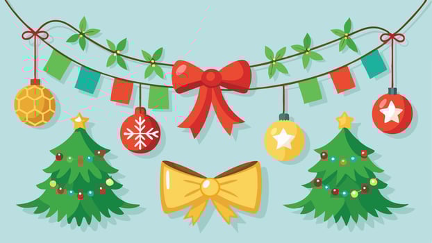 Colorful holiday decorations featuring Christmas trees, ornaments, and garlands set against a light blue background, creating a festive atmosphere for the winter season vector