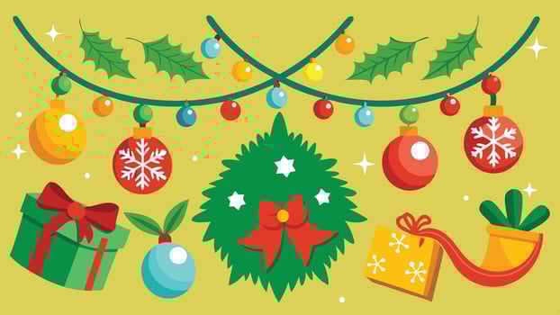 Colorful festive decorations featuring ornaments, garland, and gifts in a cheerful Christmas-themed design vector
