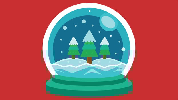 A festive snow globe features a serene winter landscape with three snow-covered trees nestled among soft, rolling hills on a bright winter day vector