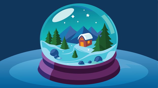 A colorful snow globe featuring a cozy cabin surrounded by snowy mountains and pine trees under a starry sky vector