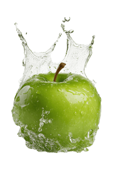 Green apple splashing into clear water droplets png