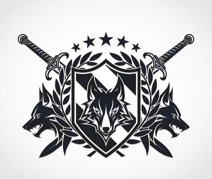 wolf head heraldry logo with shield laurel wreath swords and stars vector