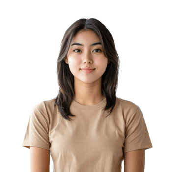 Young woman with long hair posing in a beige shirt png