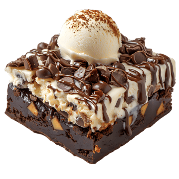 A brownie with ice cream and chocolate sauce png