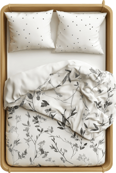 A bed with a white and black floral pattern png