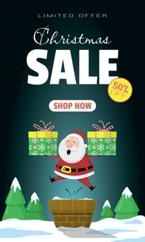Christmas Sale Poster with Santa jumps up from the chimney carrying a gift box vector