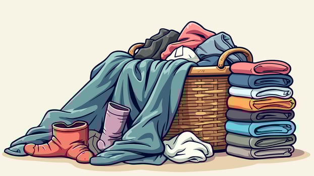 Collection of flat illustrations showcasing dirty jeans, a t-shirt, and socks alongside a pile of clean clothing, isolated on a white background. vector