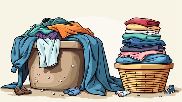 Flat illustrations set of dirty and clean clothes, featuring a laundry collection with piles of washed garments and stained apparel. vector