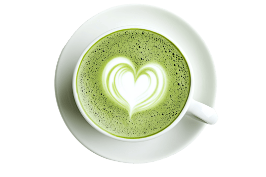 Green coffee cup with latte art in the shape of a heart on a transparent background. png