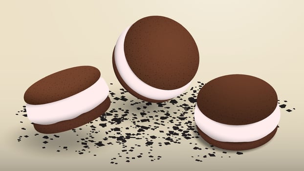 Sweet airy chocolate brownies fall on table covered with chocolate chips. Home festive tea party. Realistic illustration vector
