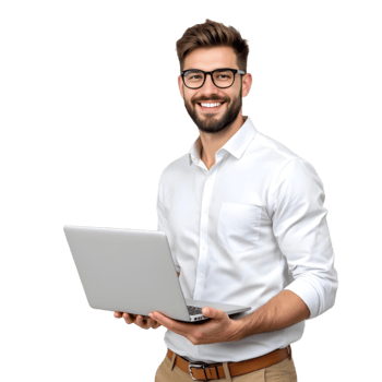 A man in glasses holding a laptop png