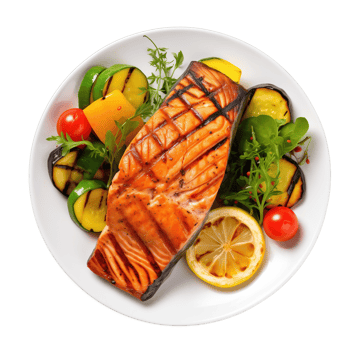 Salmon steak grilled with vegetables isolated on transparent background png
