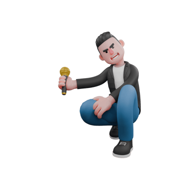 Illustrated Musician Character in 3D. A male musician crouches with his head slightly tilted to the left while his right hand is carrying a microphone. Vocal Artist png