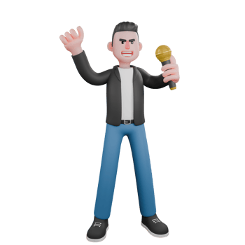Cartoon Music Character in 3D. A male musician stands with his left hand raised carrying a microphone while his right hand is above. Vocal Performer png