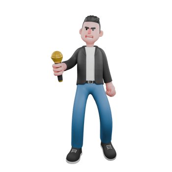 Cartoon Musician 3D Model. A male musician stands with his right hand carrying a microphone while his left hand is clenched to the side. Performance Design png