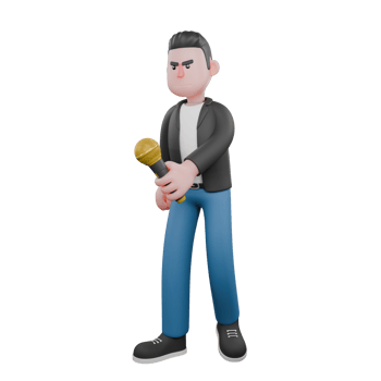 3D Music Star Model. A male musician stands while his left hand is carrying a microphone in front. Cartoon Performer png