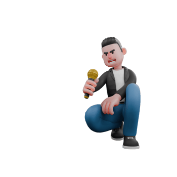 Animated Music Performer in 3D. A male musician crouches while looking at the microphone held by his right hand. Singing Talent png