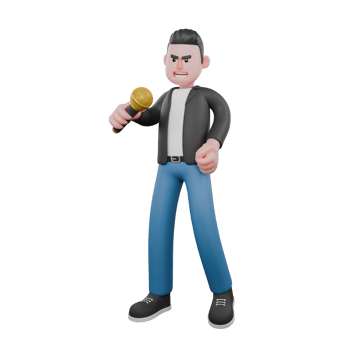 Cartoon Music Artist in 3D. A male musician is standing while his right hand is holding a microphone. Vocal Performer png