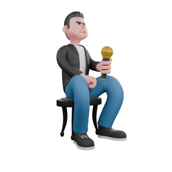 3D Animated Music Performer. A male musician is sitting on a small chair with his face looking up while his right hand is holding a microphone. Vocalist Design png