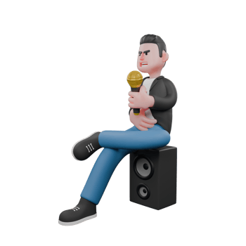 3D Model of Singing Musician. A male musician sitting at the loudspeaker with his left leg bent over his right leg, while his right hand is holding a microphone. Cartoon Performer png