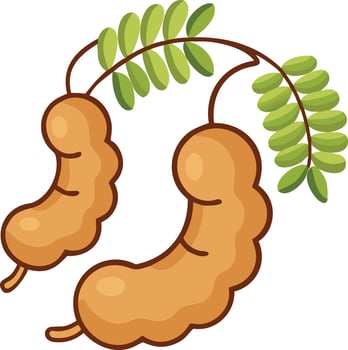 Cartoon Illustration of Tamarind Pods with Leaves, illustration of tamarind pods with green leaves, depicted in a simple, cartoon style, ideal for tropical or culinary themes. vector