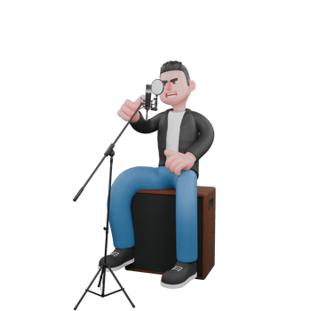 Animated Cartoon Music Performer. A male musician is sitting on a wooden chair with a microphone stand in front of him. Vocalist Model png