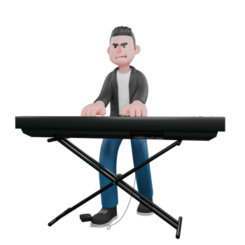 3D Music Star Character Model. A male musician stands while playing an electric piano. Vocal Artist png