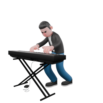 Animated Music Character in 3D. A male musician stands slightly bent while playing an acoustic piano in front of him. Vocalist Model png