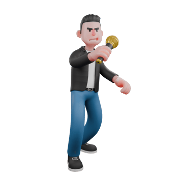 3D Musician in Cartoon Style. A male musician stands while his right hand holds a microphone. Animated Style png