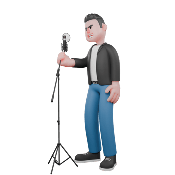 Musician 3D Character Design. A male musician standing in front of microphone stand, right hand holding microphone stand with angry expression. Singing Talent png