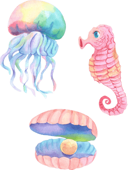 Marine animals include a jellyfish, seashell with a pearl and a seahorse, Watercolor Hand-drawn Illustration png
