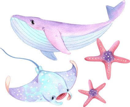 Marine animals include Whale, Manta Ray Cartoon and Starfish, Watercolor Hand-drawn Illustration png