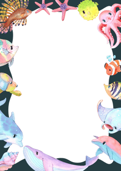 Mermaids with Marine Wildlife Frame Design, Watercolor Hand-Drawn Illustration png