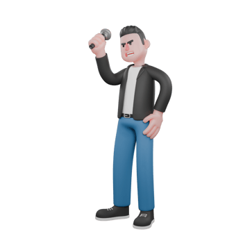 Singing Musician in 3D. A male musician is standing facing to the right side with his right hand raised holding a microphone and his left hand is on his waist. Animated Style png