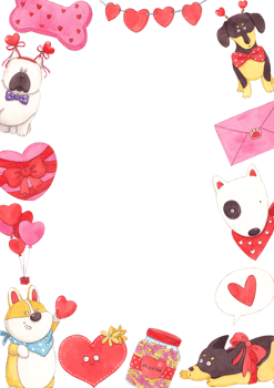Hearts surrounding a white dog, a brown dog, a purple fat cat, balloons, hearts, an envelope., hand-drawn watercolor frame design png