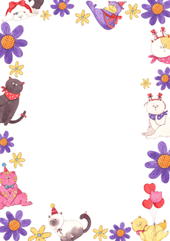 Purple flowers, yellow flowers, white cat, Siamese cat, purple cat tied with balloons., hand-drawn watercolor frame design png