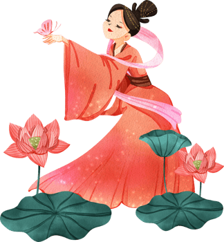 Chinese tender woman cartoon and decor watercolor hand drawn png
