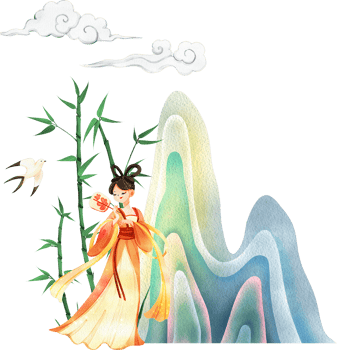 Chinese tender woman cartoon and decor watercolor hand drawn png